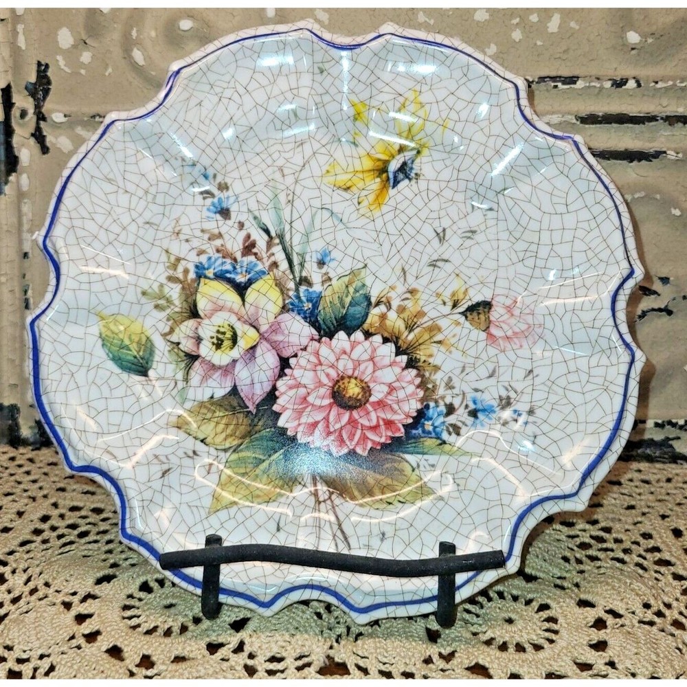 Vintage Lami Italy Melamine Decorative Plate Scalloped Edge Floral Crackle Look